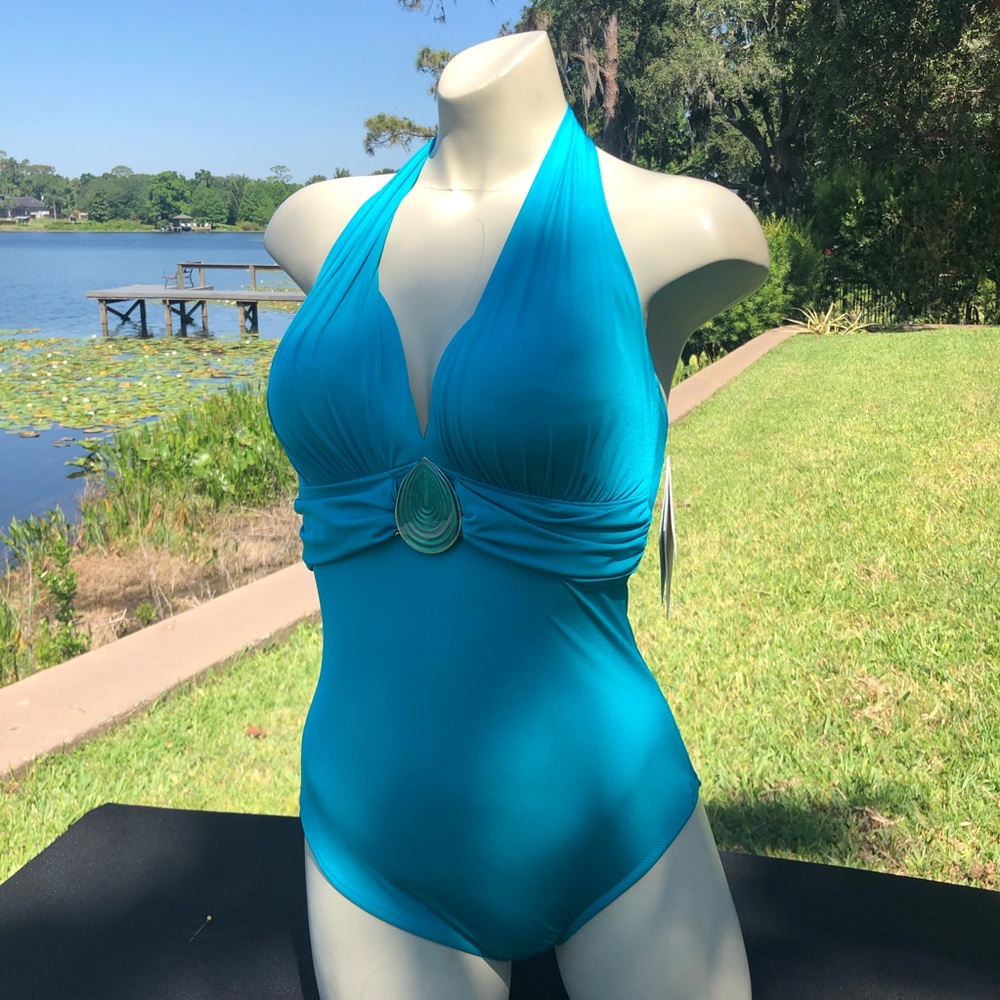 Women’s Aqua One Piece V-Front Halter Swimsuit